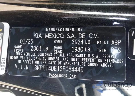 2025 Kia K4 Lxs z USA, uszkodzony, nr VIN 3KPFT4DE1SE084449